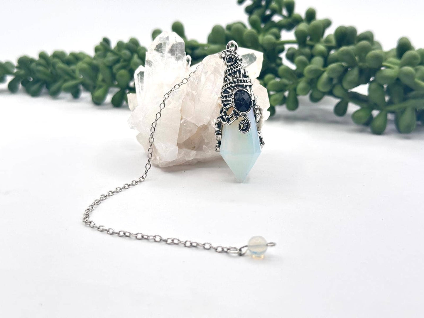 Opalite 12 Faceted Antique Silver Detailing Pendulum