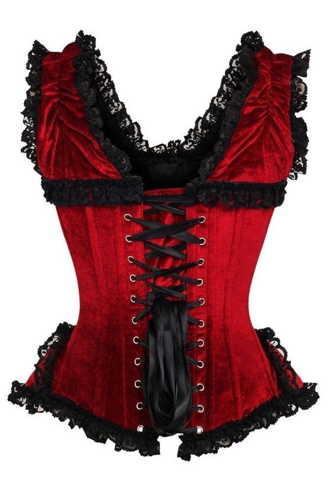 LIMITED EDITION Top Drawer Dark Red Velvet & Lace Steel Boned Corset w/Cap Sleeves