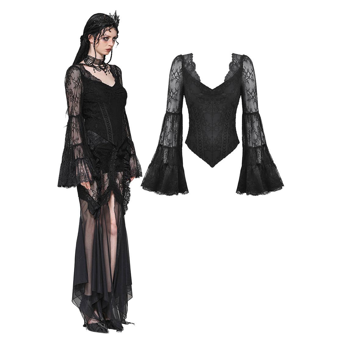 TW607 – Gothic romance lace bell sleeve layered cuff top