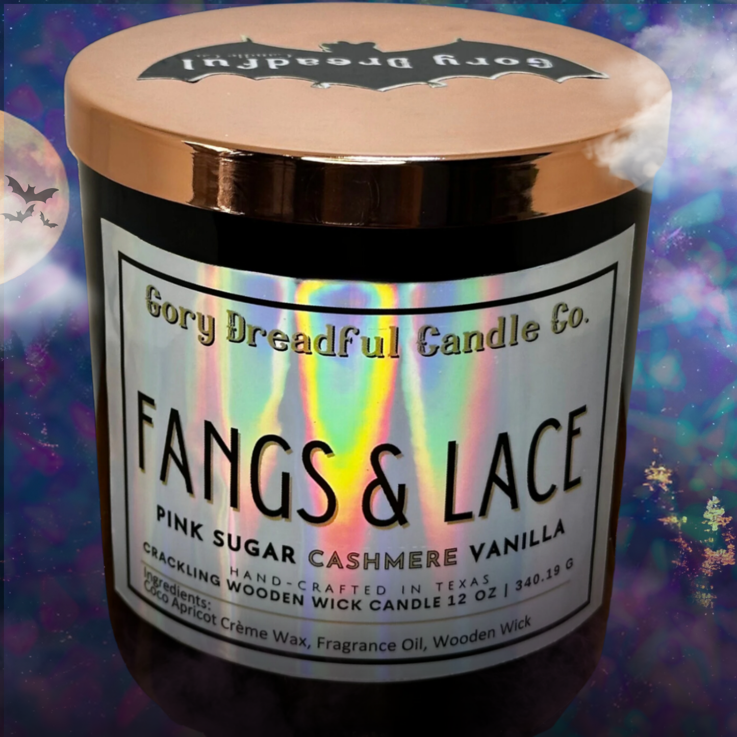 Fangs & Lace Crackling Wooden Wick Candle: Cashmere Pink Sugar Scent