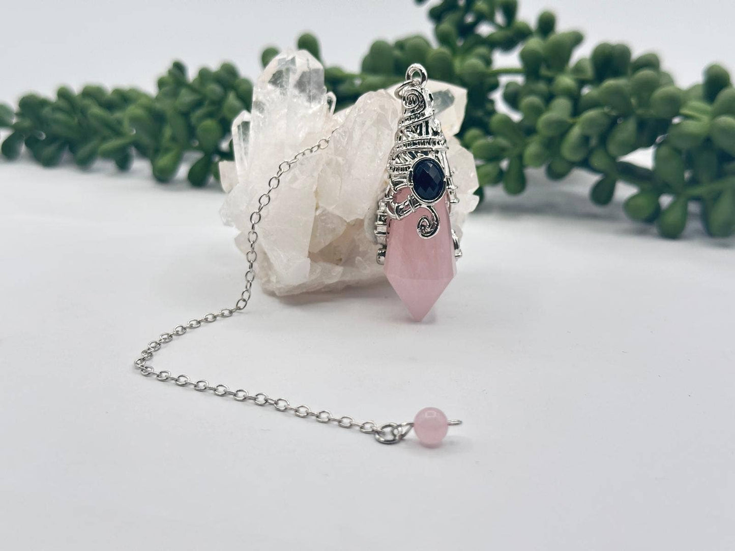 Rose Quartz 12 Faceted Antique Silver Detailing Pendulum