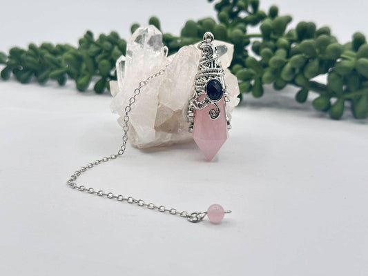 Rose Quartz 12 Faceted Antique Silver Detailing Pendulum