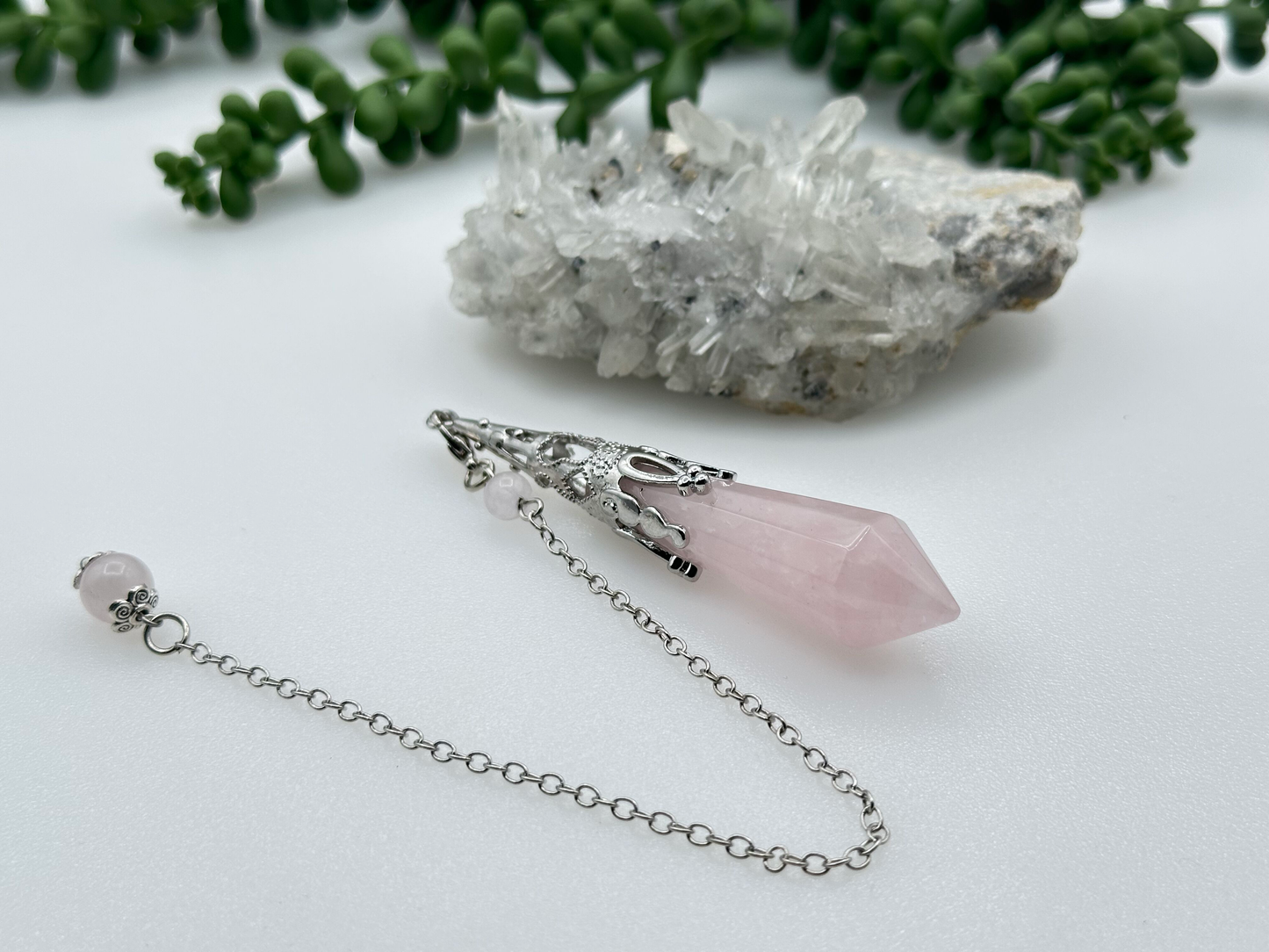 Rose Quartz Gemstone Art Deco Silver Color Pendulum