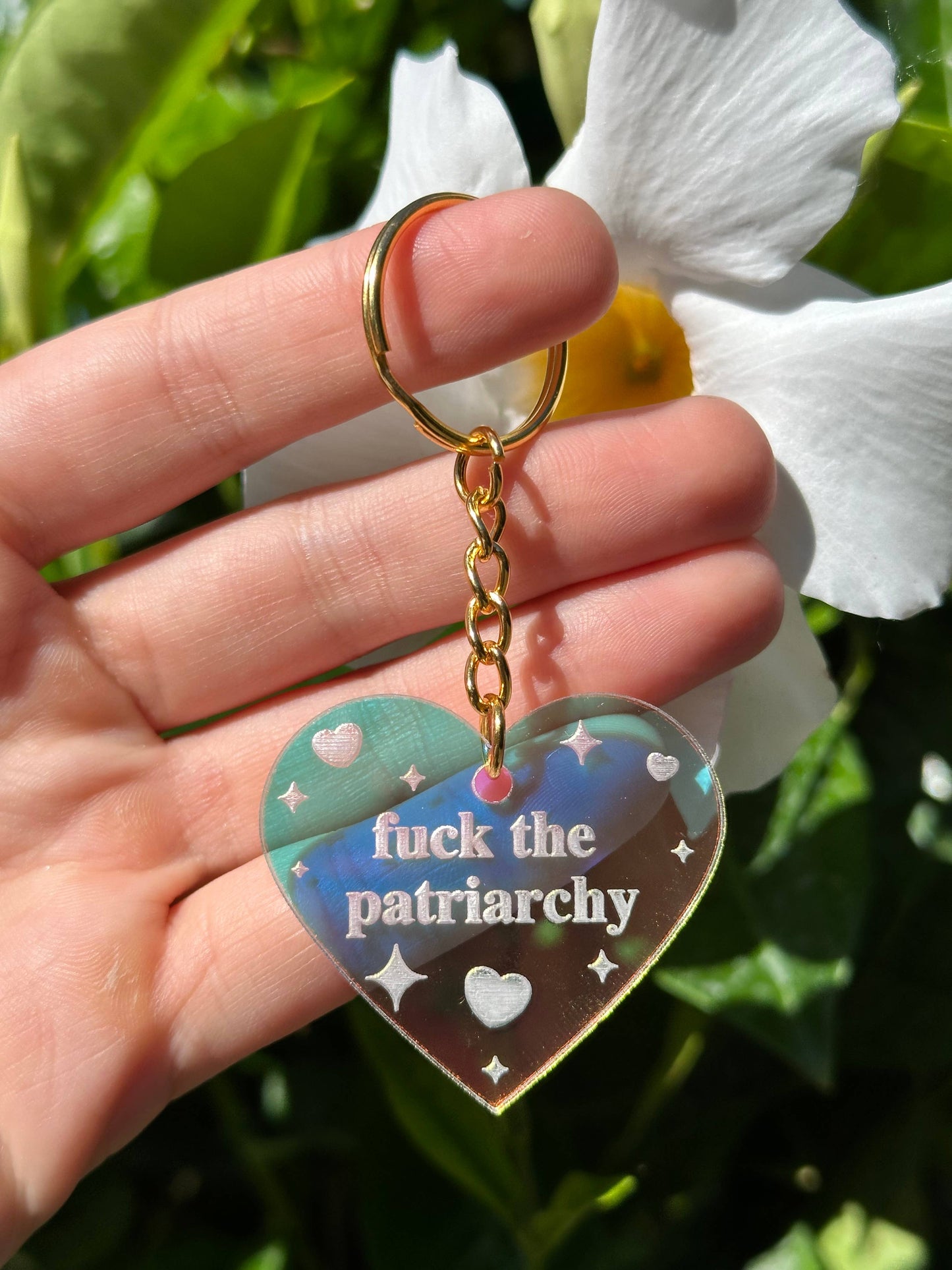 Fuck The Patriarchy Heart Iridescent Acrylic Keychain