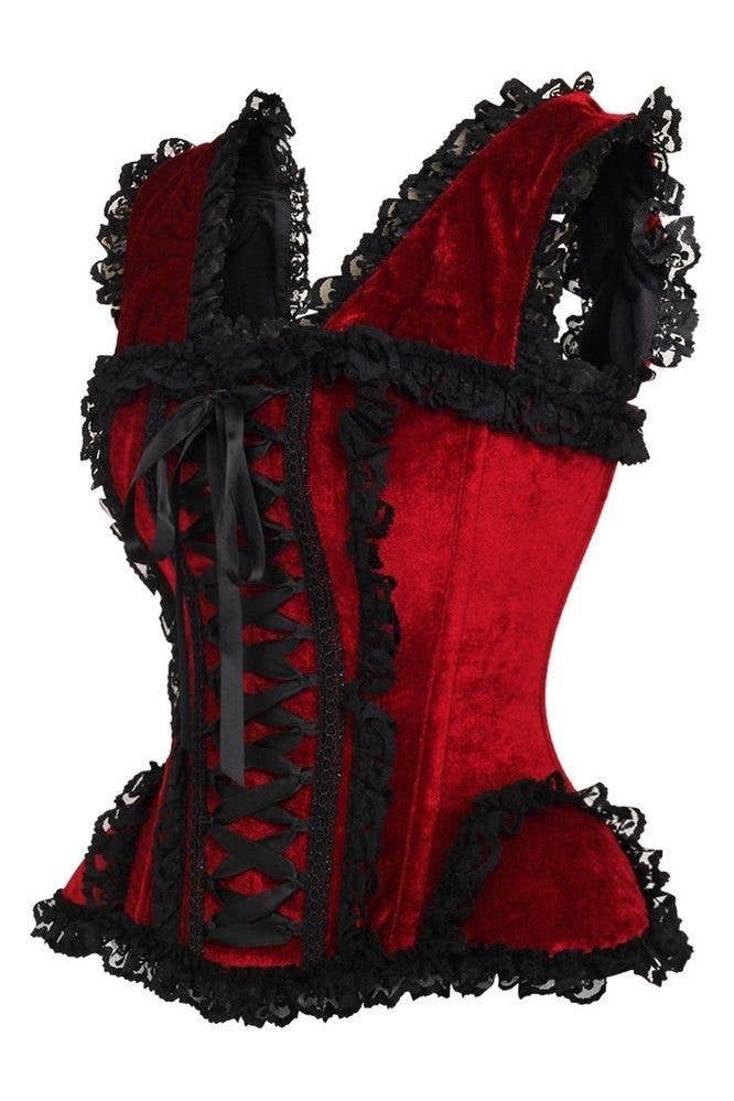 LIMITED EDITION Top Drawer Dark Red Velvet & Lace Steel Boned Corset w/Cap Sleeves