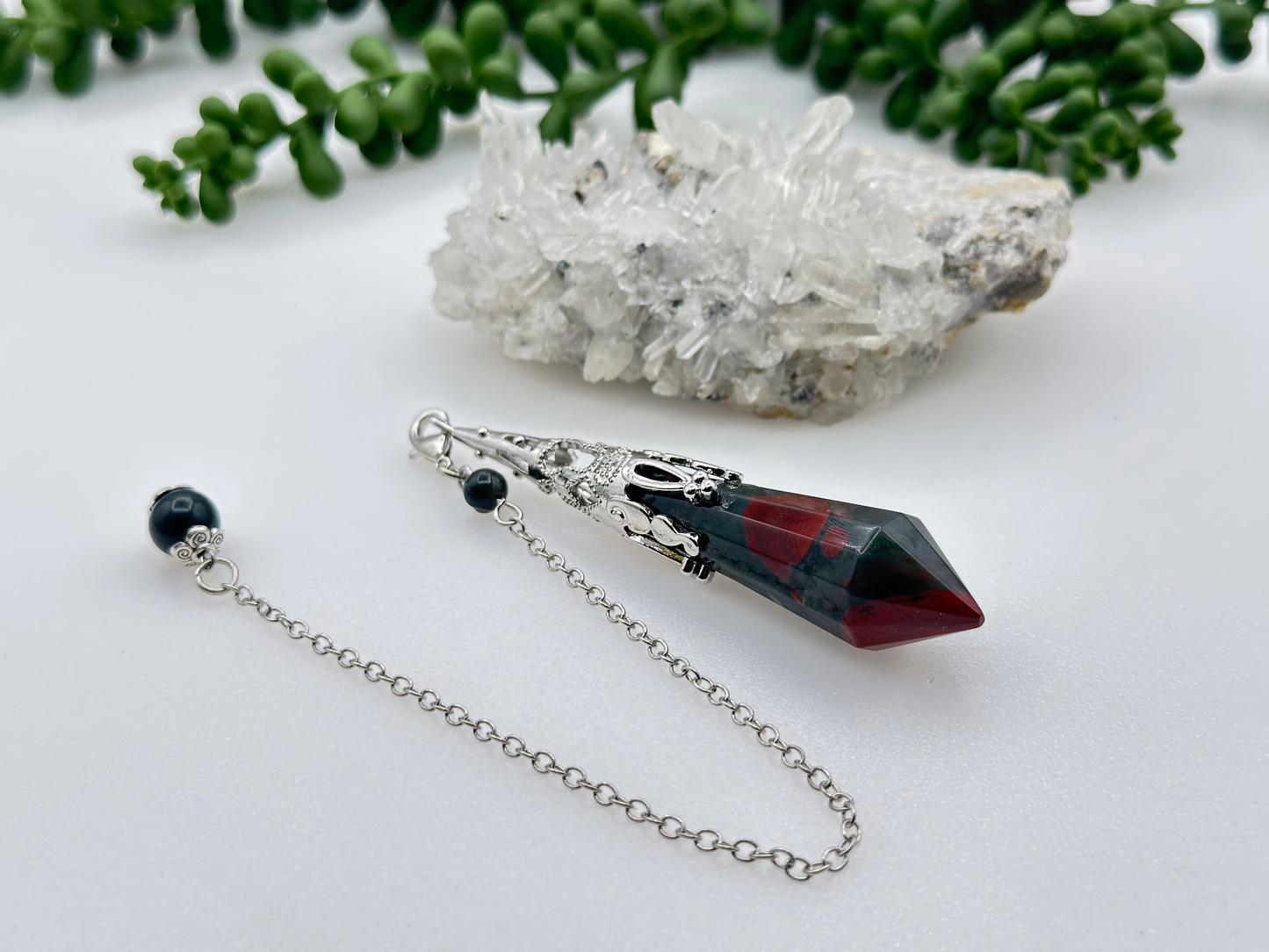 African Bloodstone Gemstone Art Deco Silver Color Pendulum