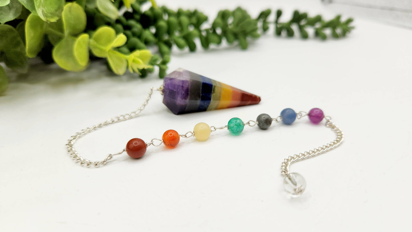 Seven Chakra Pendulum w/Chakra Beads-Silver Plated Chain
