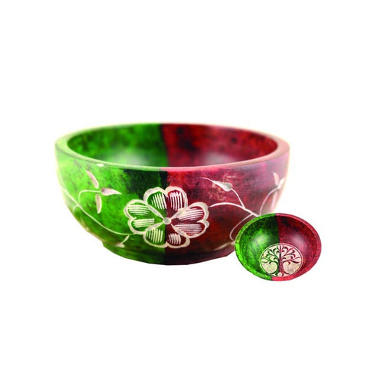 Hand Carved Soapstone Smudge Bowl - Red/Green Tree of Life